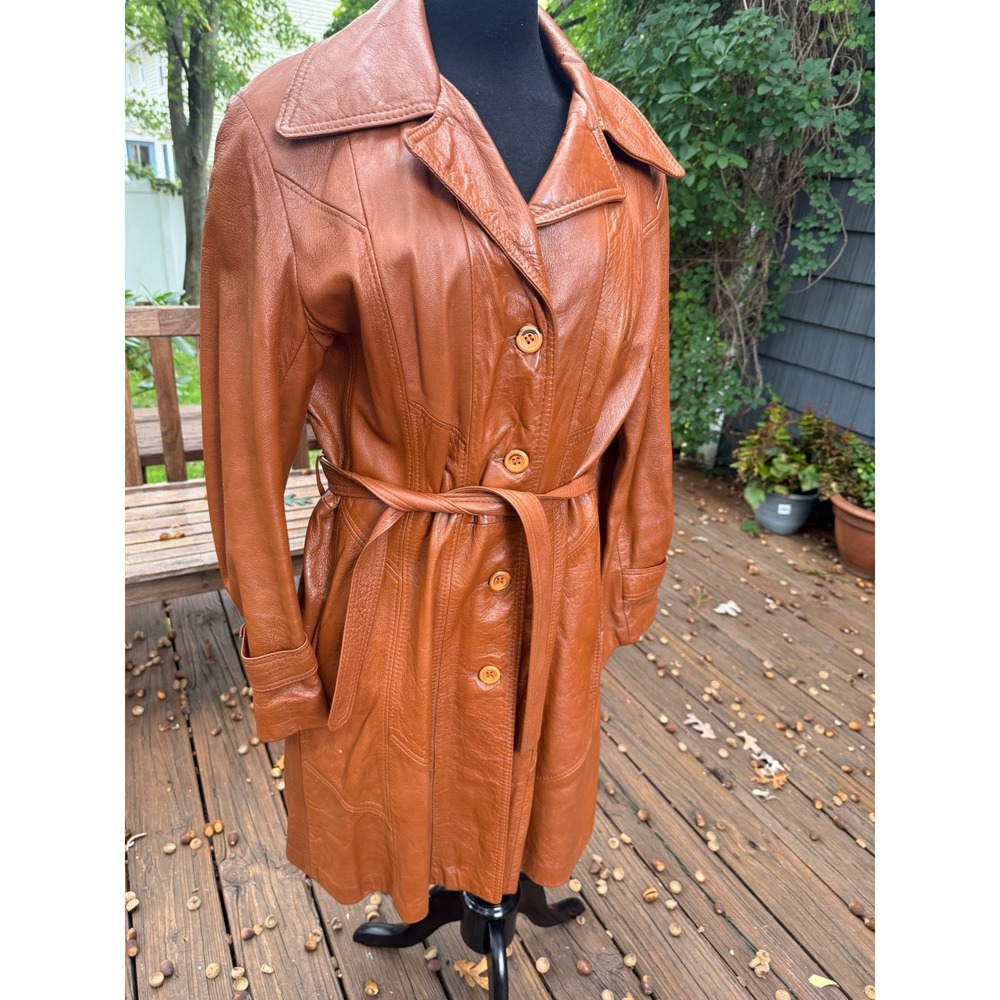 Vintage Cognac Brown Leather Trench Coat Belted Mid Length Western Jacket